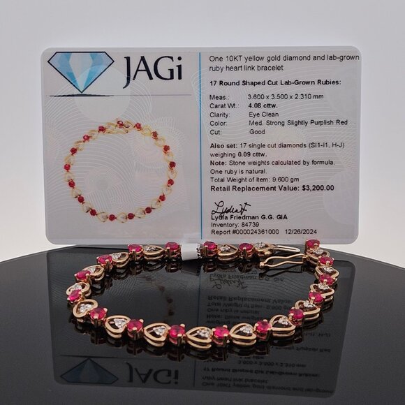 10KT Yellow Gold Diamond & Lab Grown Ruby Heart Link Tennis Bracelet 8 Inches - Picture 15 of 15